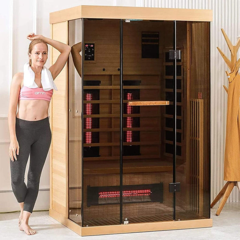 Load image into Gallery viewer, Luxury 2-Person Low EMF FAR Infrared Heat Wood Home Personal Spa Sauna W/ Panoramic Tempered Glass, 2000W