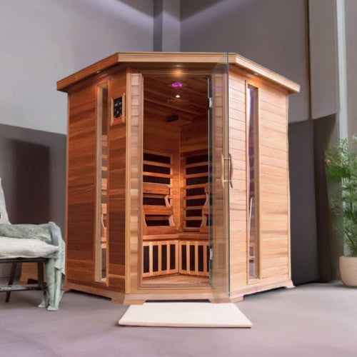 Load image into Gallery viewer, Bristol Bay 4-Person Indoor Infrared Corner Cedar Sauna
