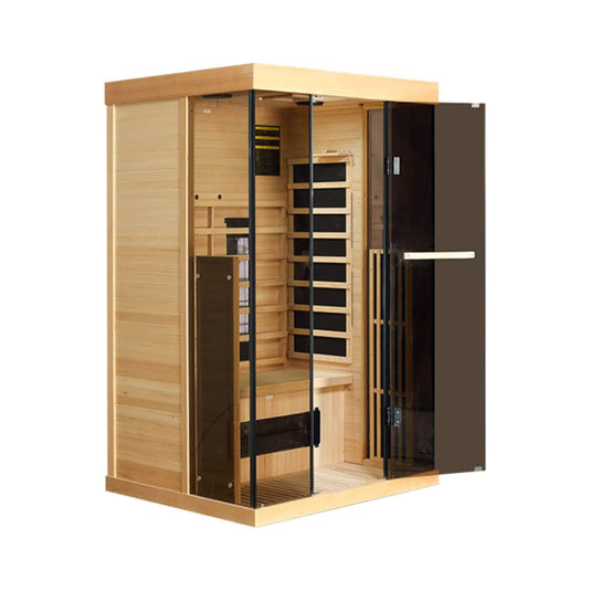 Luxury 2-Person Low EMF FAR Infrared Heat Wood Home Personal Spa Sauna W/ Panoramic Tempered Glass, 2000W