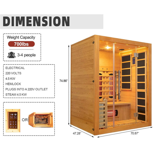 3-Person Indoor Hybrid Sauna Room With Infrared And 4.5KW Steam Heaters